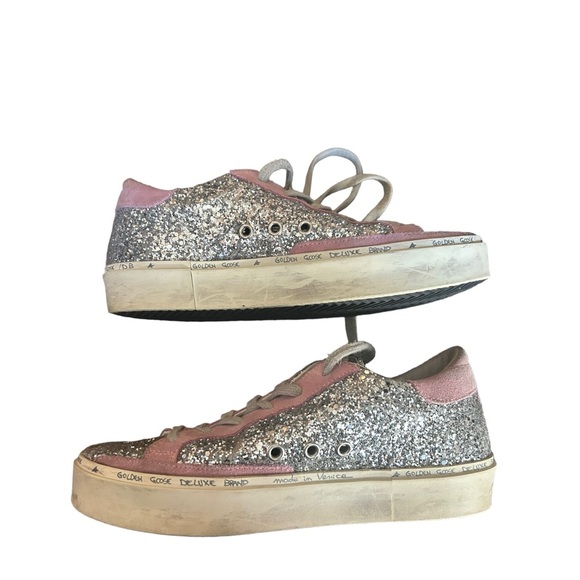 Golden Goose Hi Star Suede & Glitter Sequin Low-Top 1" Flat Platform Sneakers - Picture 2 of 7